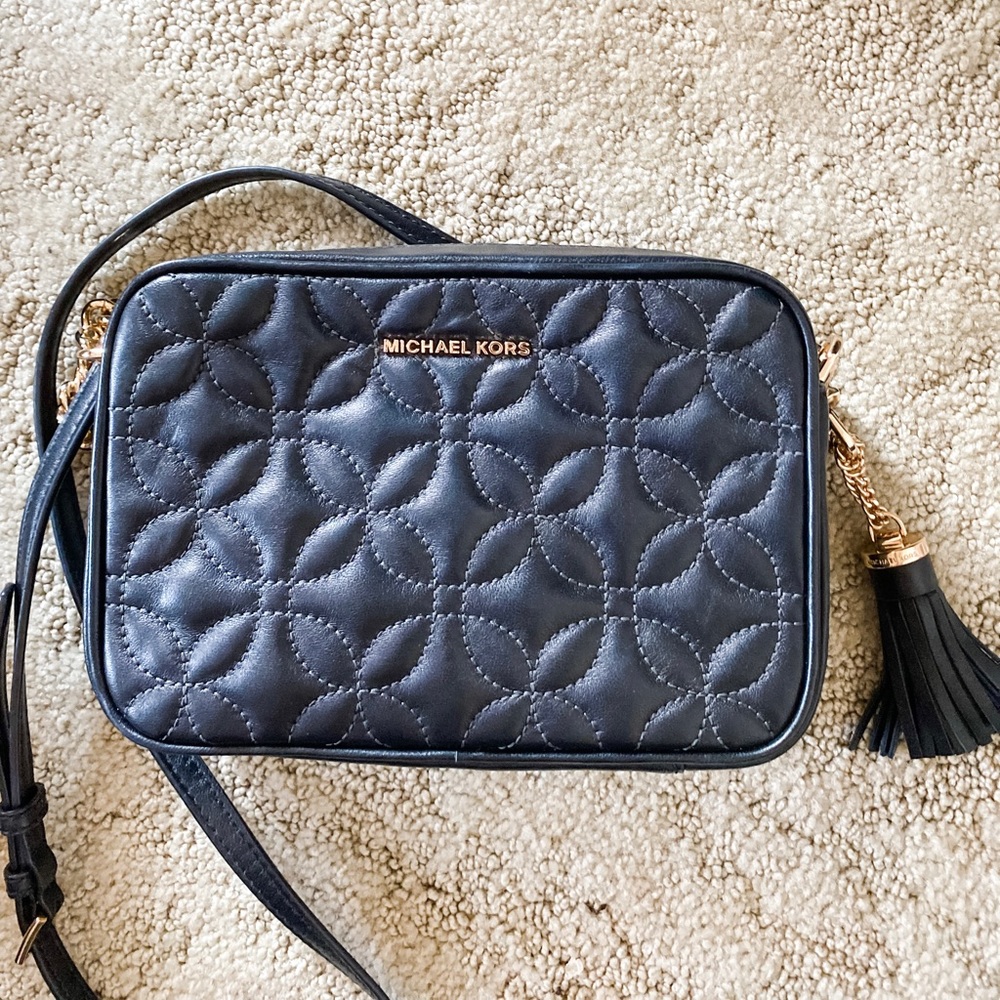 Michael Kors Camera Quilted Floral Black Leather Crossbody Bag